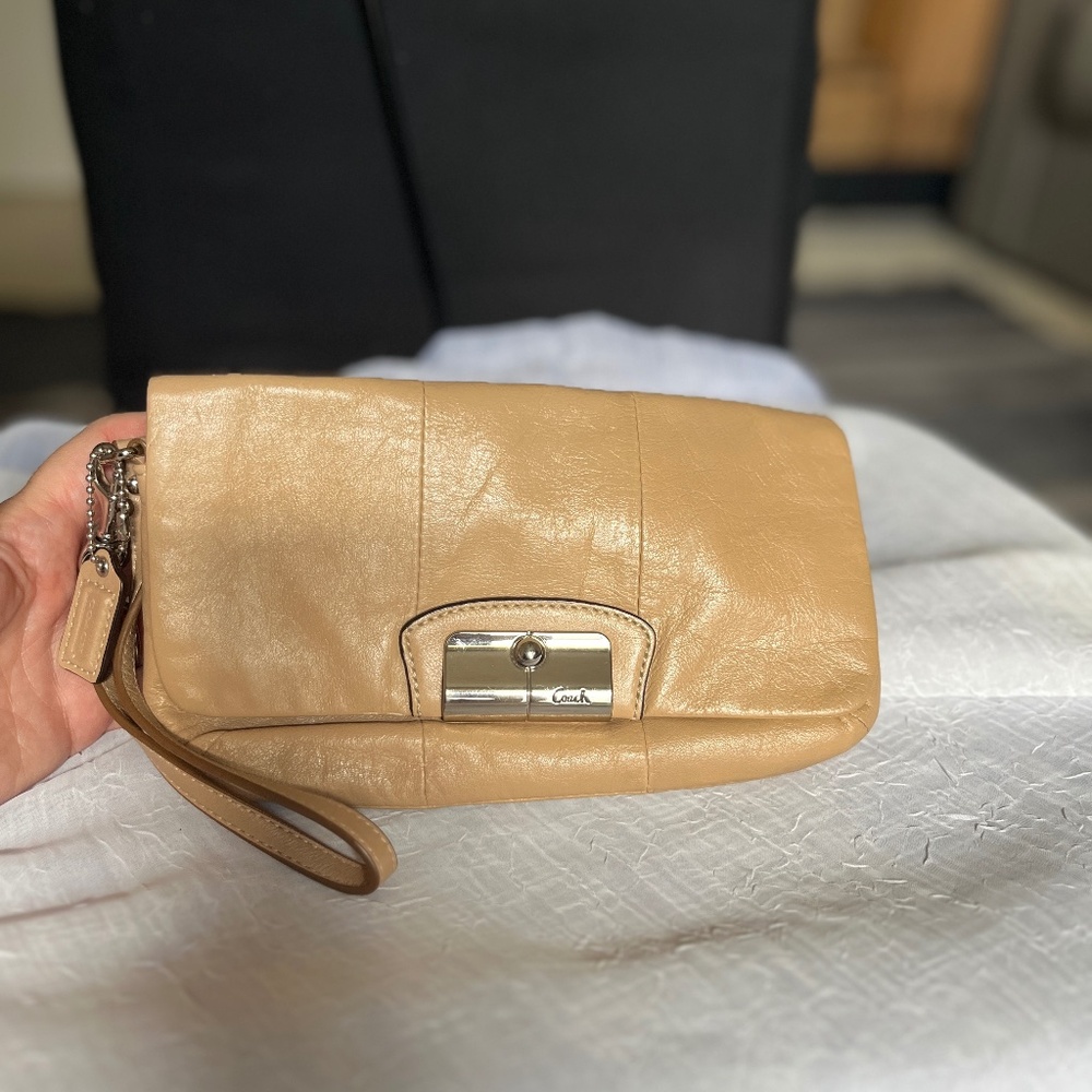 Coach Kristin Leather Large Flap Wristlet (Style F48988SV) — Beige